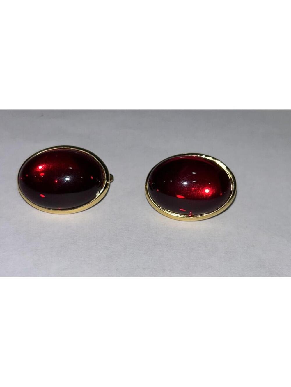 Vintage Trifari Red Cabochon Clip On Earrings Gold Tone - signed